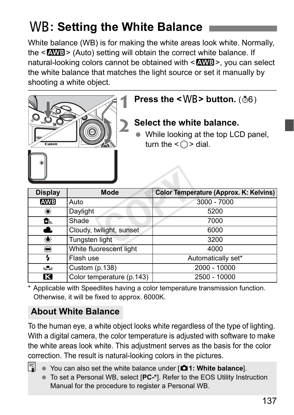 Setting the white balance, P.137, Cop y | B: setting the white balance | Canon 1D X User Manual | Page 137 / 420