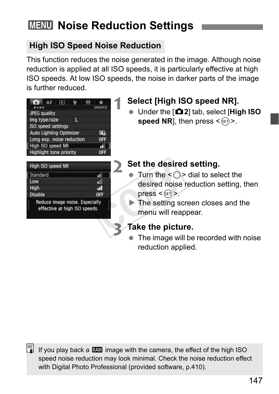 Noise reduction settings, P.147, Cop y | Canon 1D X User Manual | Page 147 / 420