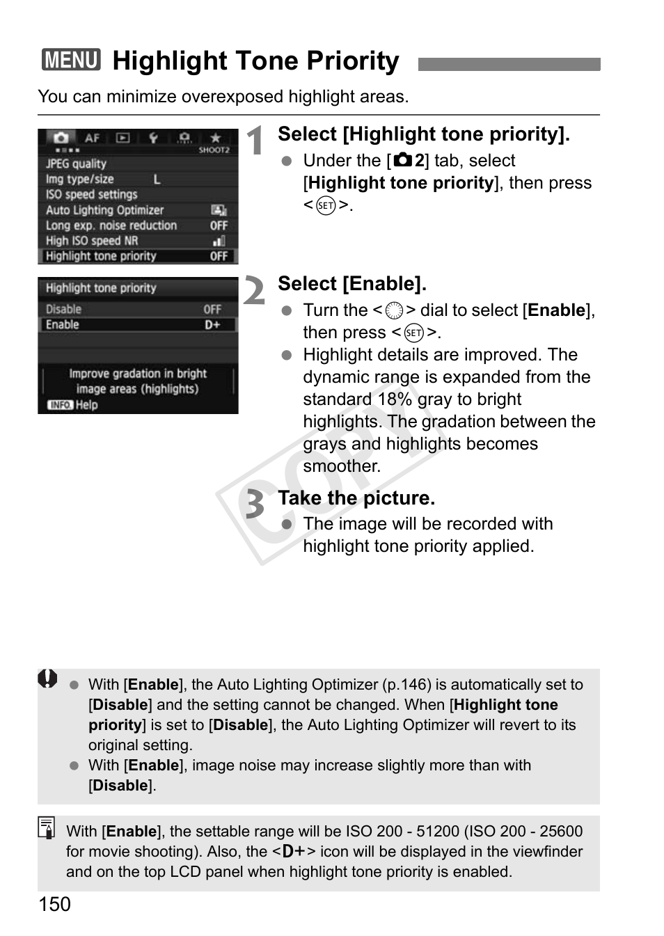 Highlight tone priority, P.150, Cop y | Canon 1D X User Manual | Page 150 / 420