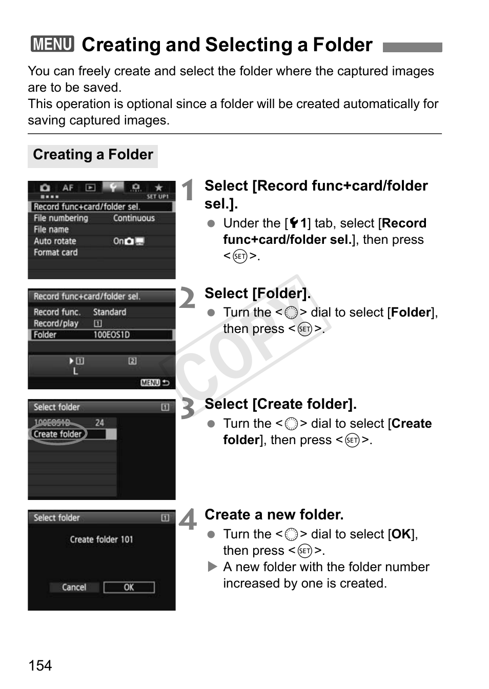 Creating and selecting a folder, P.154, Cop y | Canon 1D X User Manual | Page 154 / 420