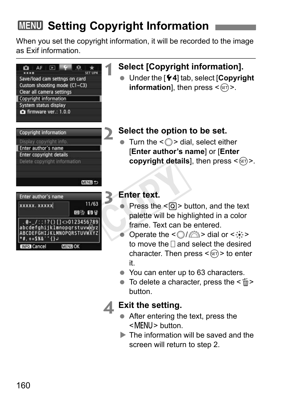 Setting copyright information, P.160, Cop y | Canon 1D X User Manual | Page 160 / 420