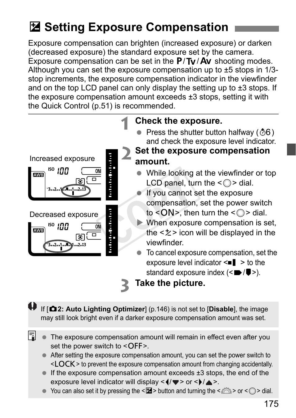 Setting exposure compensation, P.175, Cop y | Osetting exposure compensation | Canon 1D X User Manual | Page 175 / 420