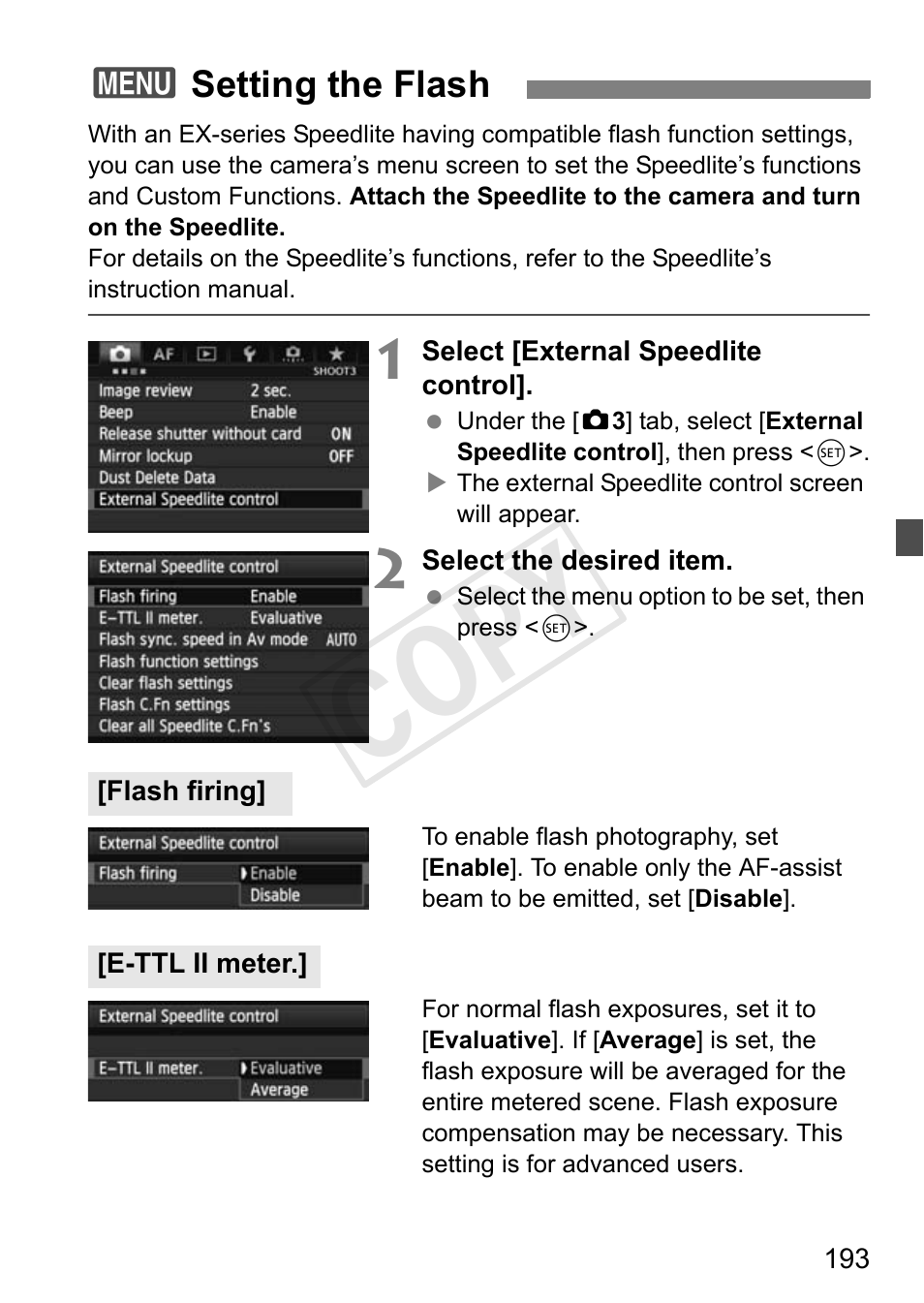 Setting the flash, P.193, Cop y | Canon 1D X User Manual | Page 193 / 420