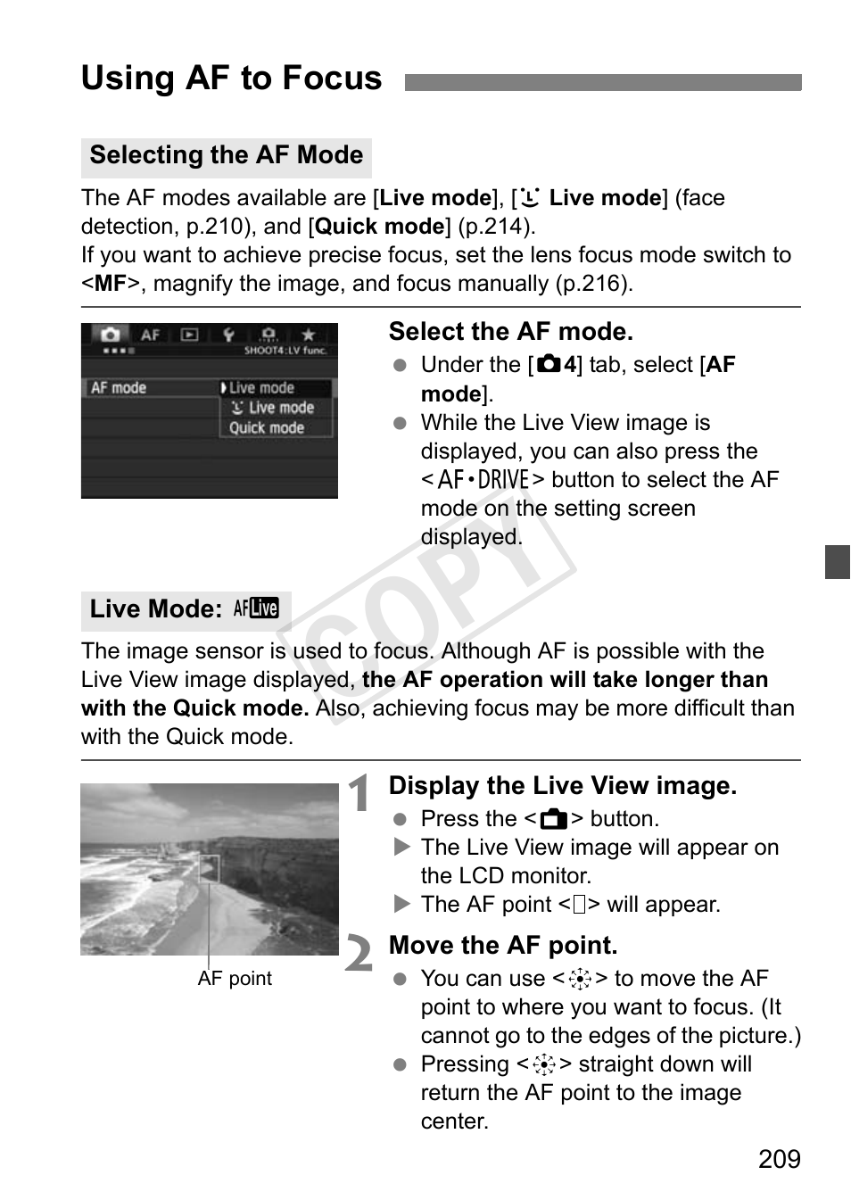 Using af to focus, P.209, Cop y | Canon 1D X User Manual | Page 209 / 420