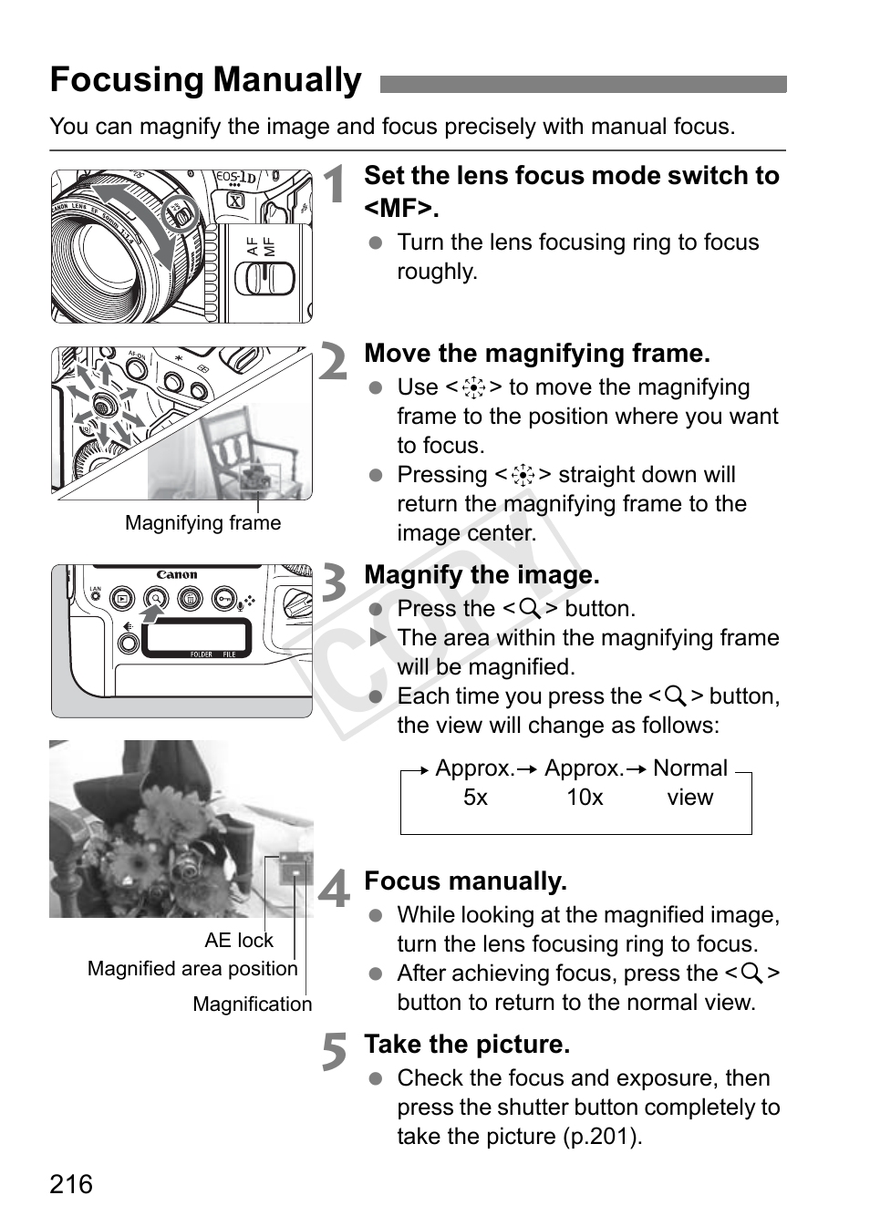 Focusing manually, Cop y | Canon 1D X User Manual | Page 216 / 420