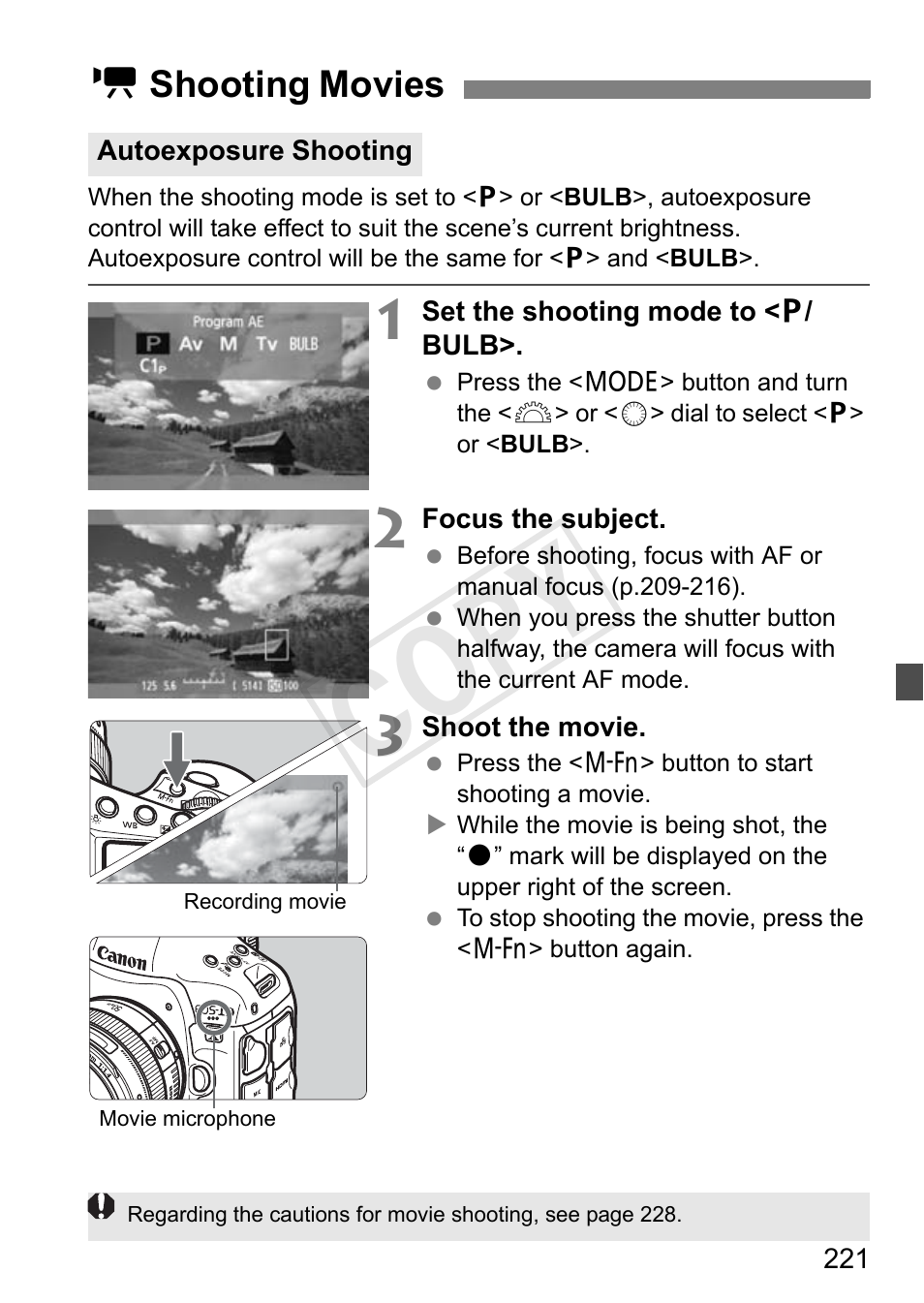 Shooting movies, Autoexposure shooting, Cop y | Canon 1D X User Manual | Page 221 / 420