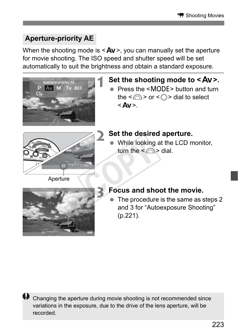 Aperture-priority ae, Cop y | Canon 1D X User Manual | Page 223 / 420