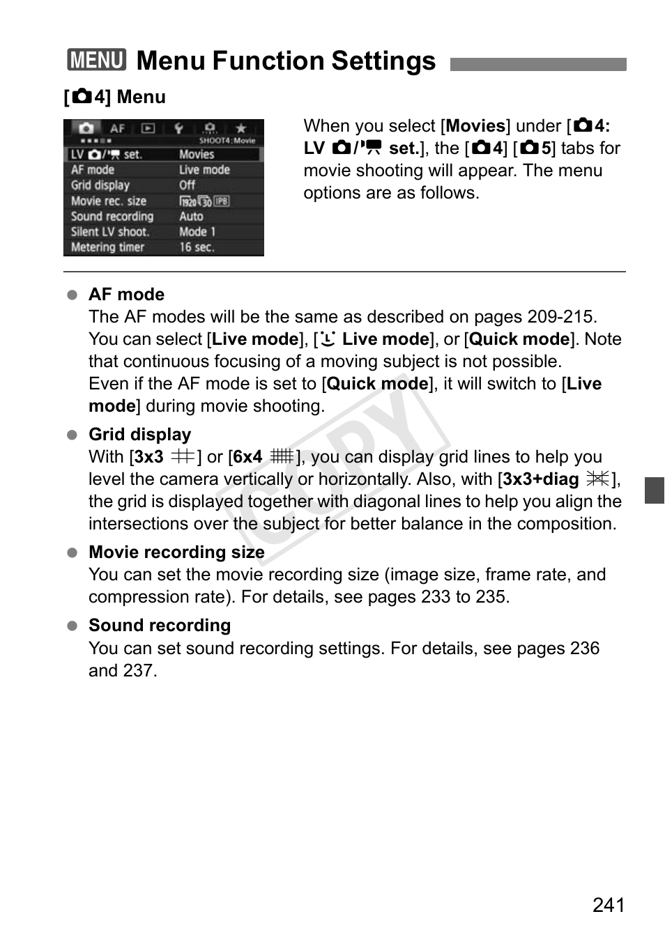 Menu function settings, Cop y | Canon 1D X User Manual | Page 241 / 420