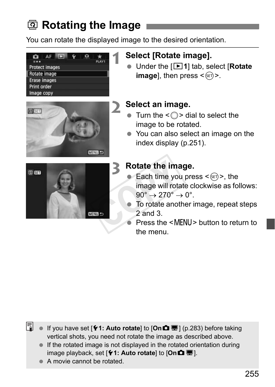 B rotating the image, P.255, Cop y | Canon 1D X User Manual | Page 255 / 420