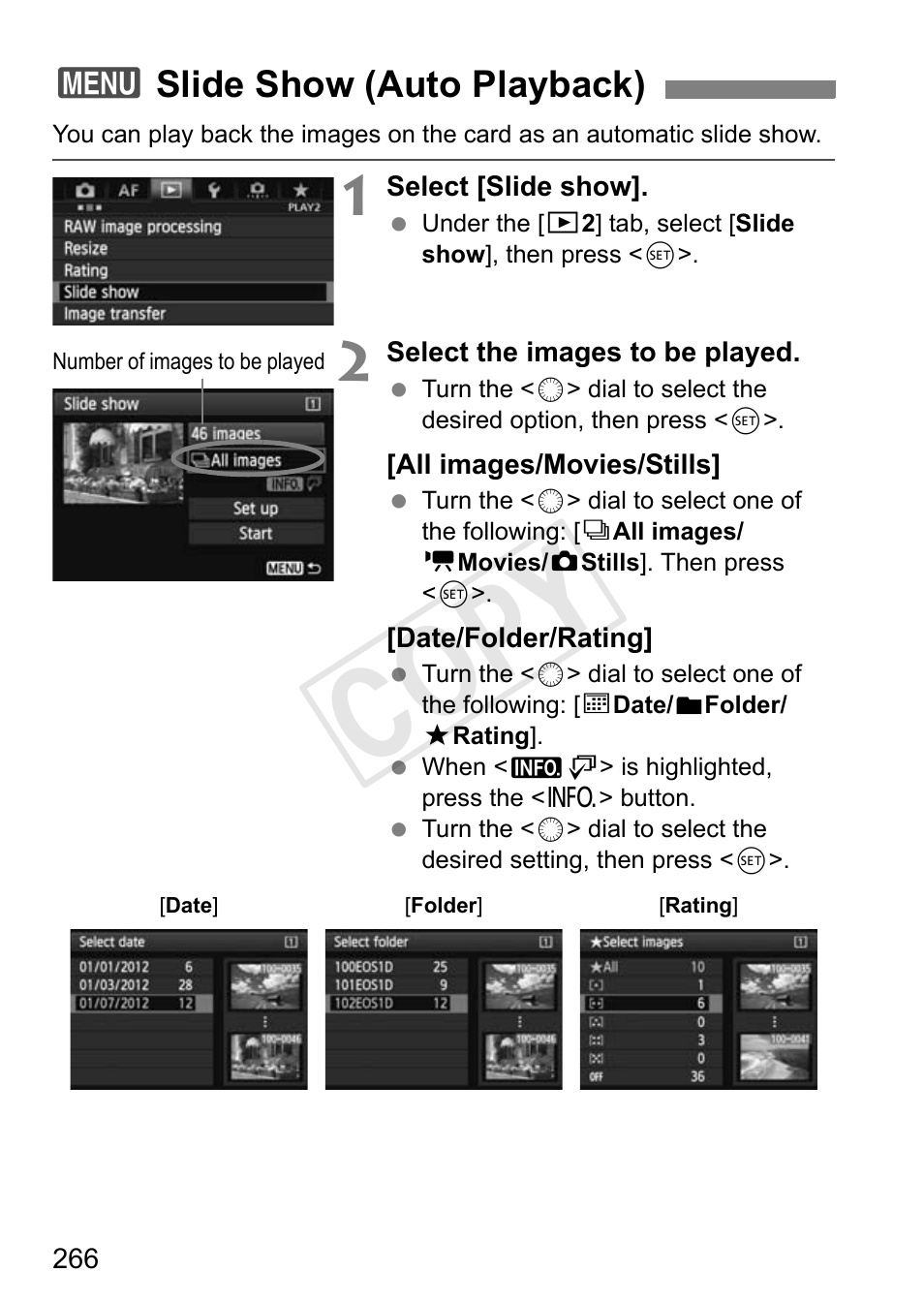 Slide show (auto playback), P.266, Cop y | 3slide show (auto playback) | Canon 1D X User Manual | Page 266 / 420