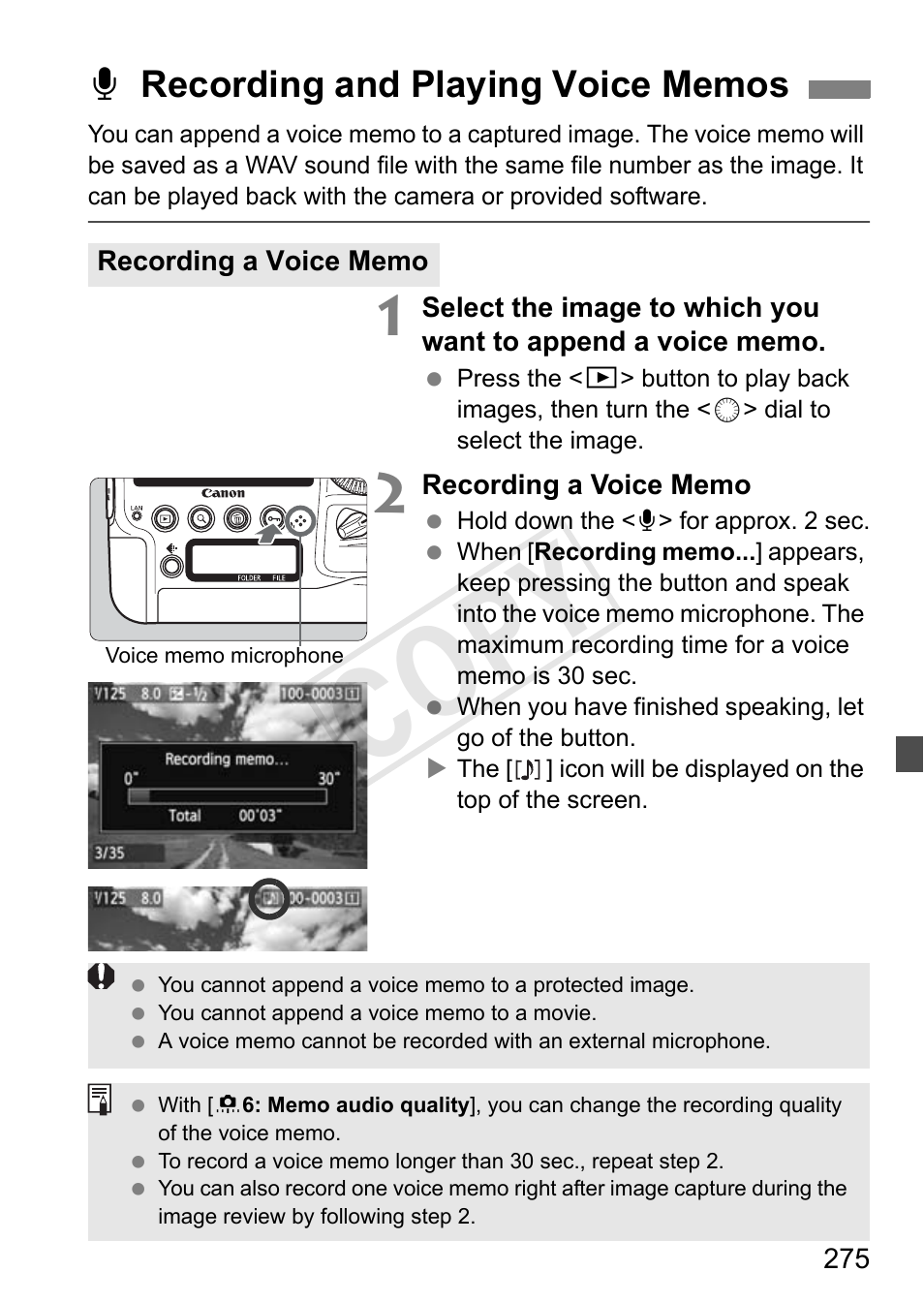 Recording and playing voice memos, P.275, Cop y | Canon 1D X User Manual | Page 275 / 420