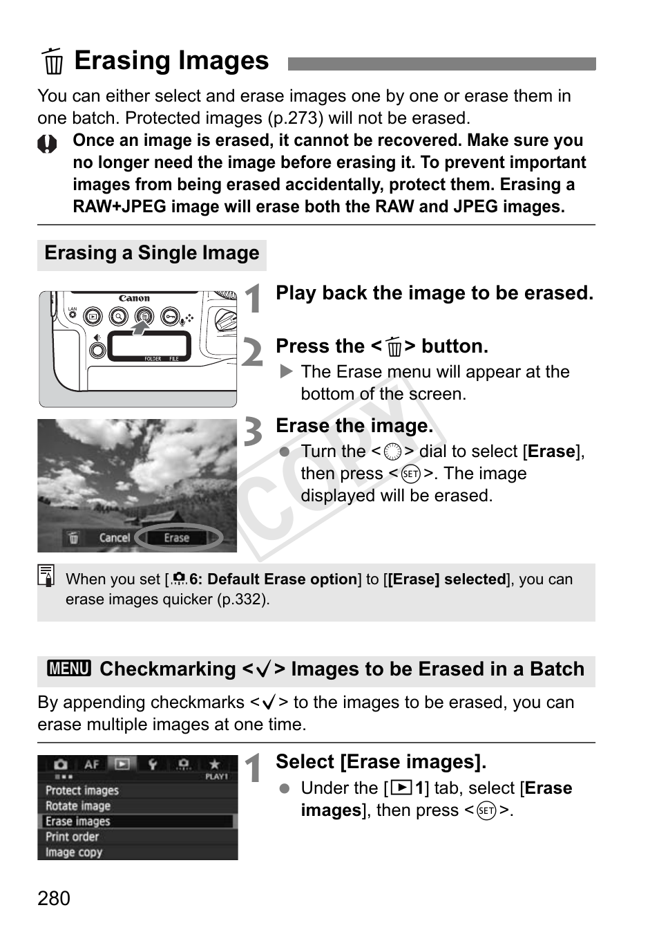Erasing images, P.280, Cop y | Canon 1D X User Manual | Page 280 / 420