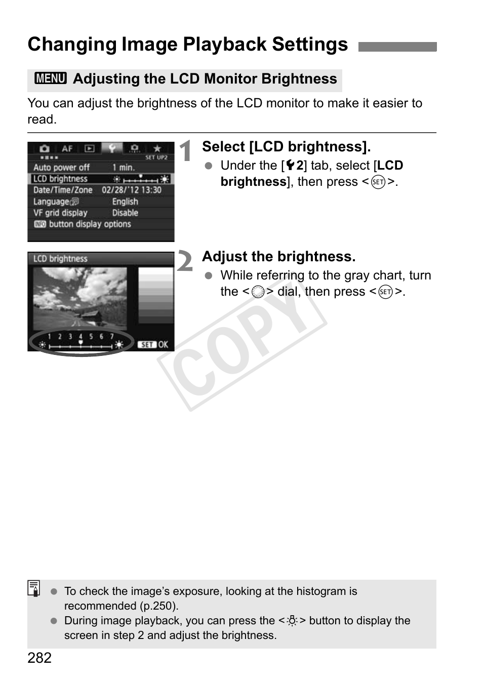 Changing image playback settings, Adjusting the lcd monitor brightness, P.282 | Cop y | Canon 1D X User Manual | Page 282 / 420