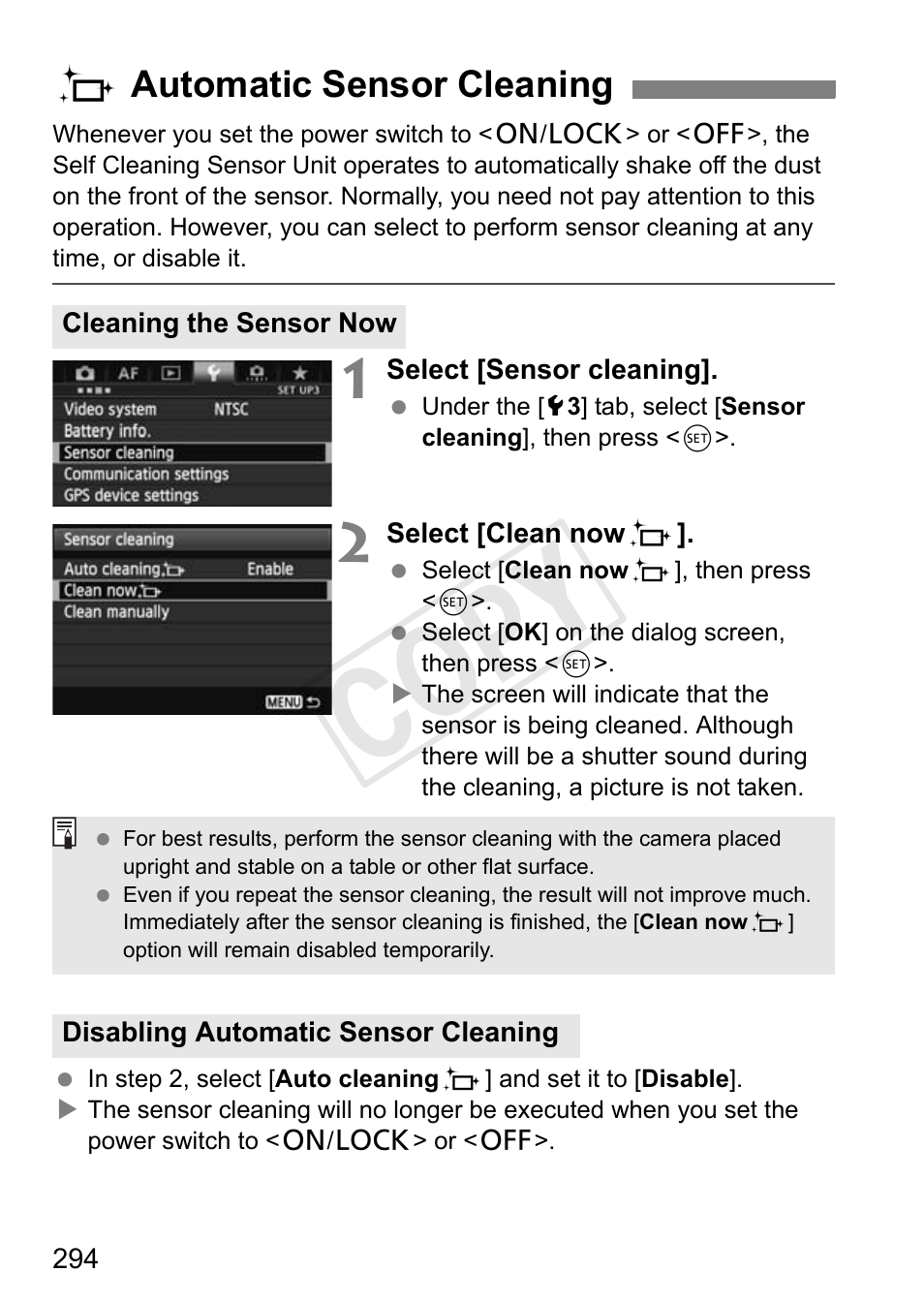 F automatic sensor cleaning, P.294, Cop y | Canon 1D X User Manual | Page 294 / 420