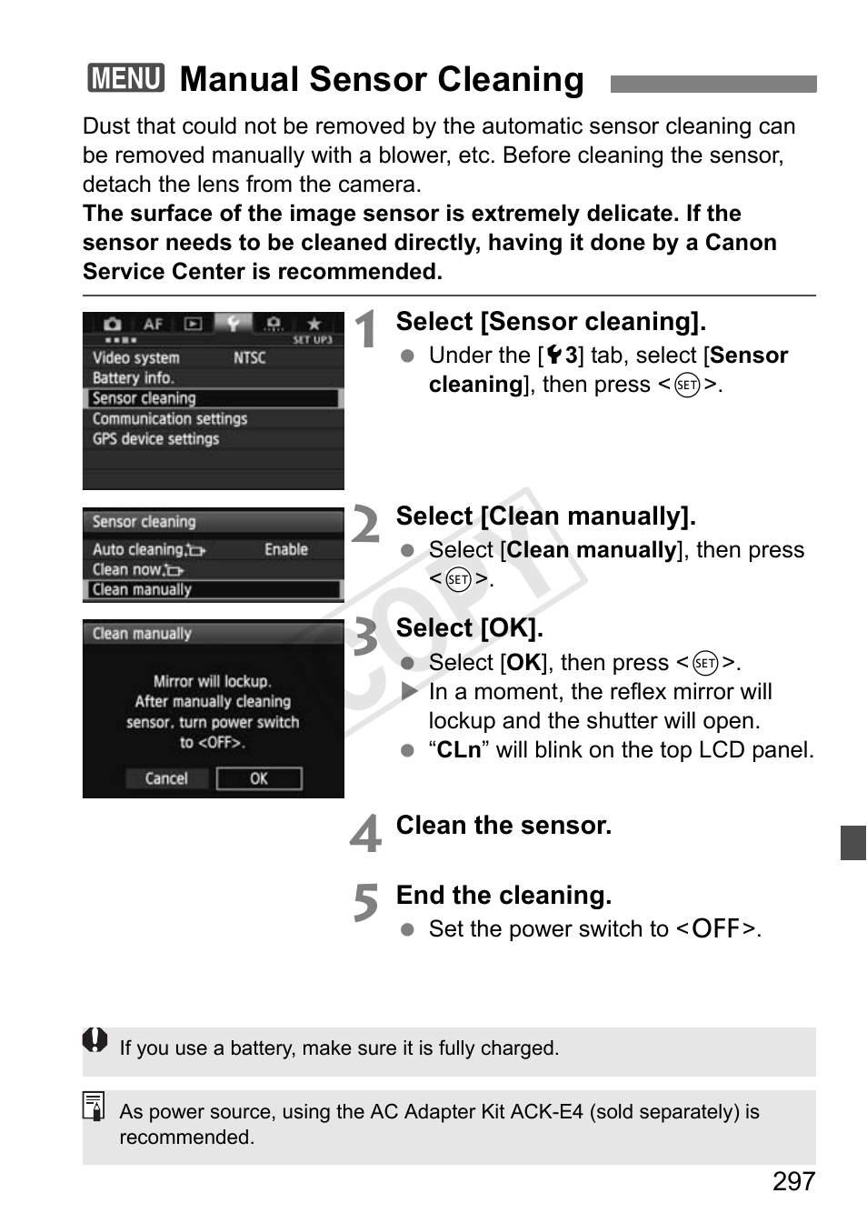 Manual sensor cleaning, Cop y | Canon 1D X User Manual | Page 297 / 420