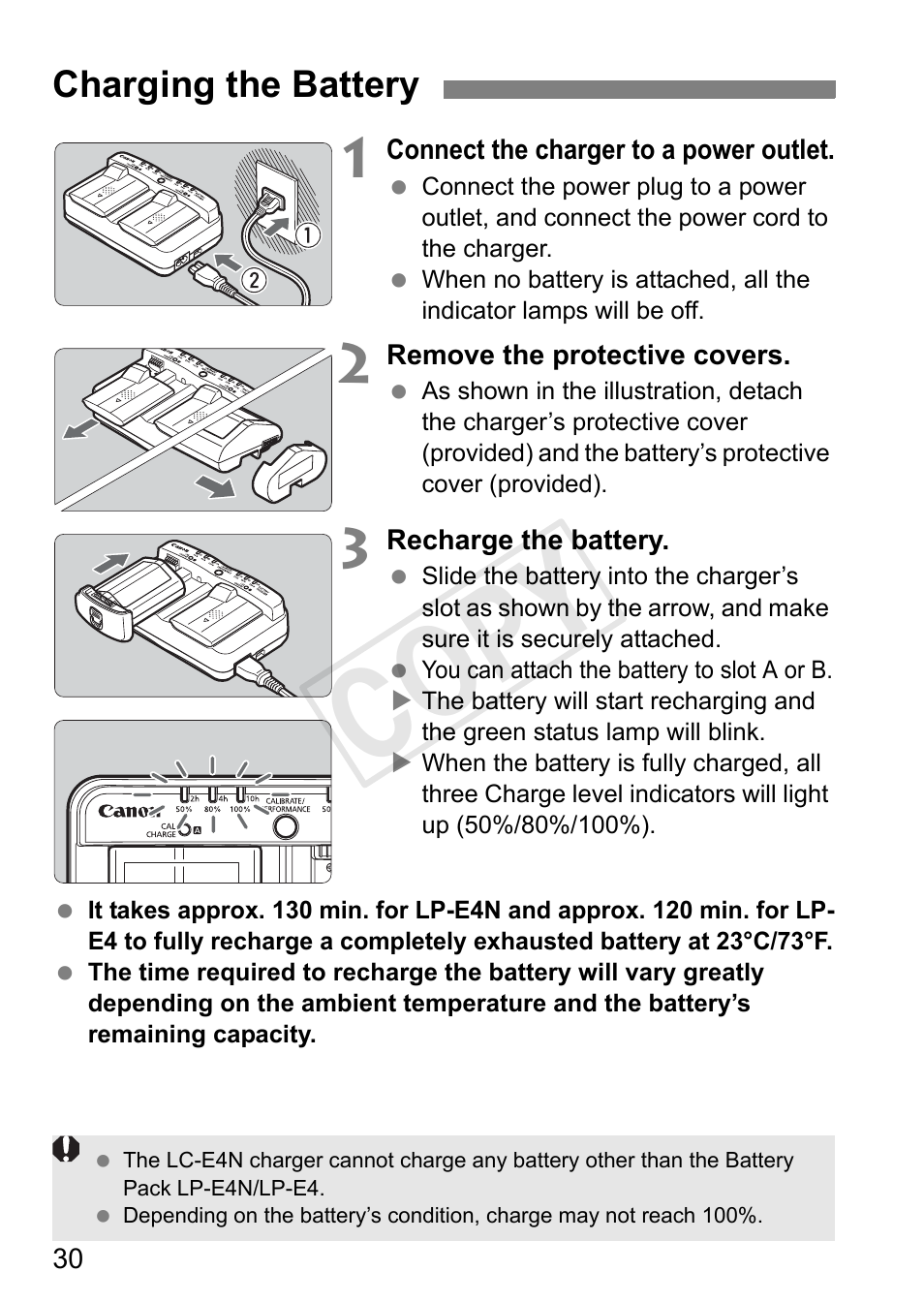 Charging the battery, P.30, Cop y | Canon 1D X User Manual | Page 30 / 420