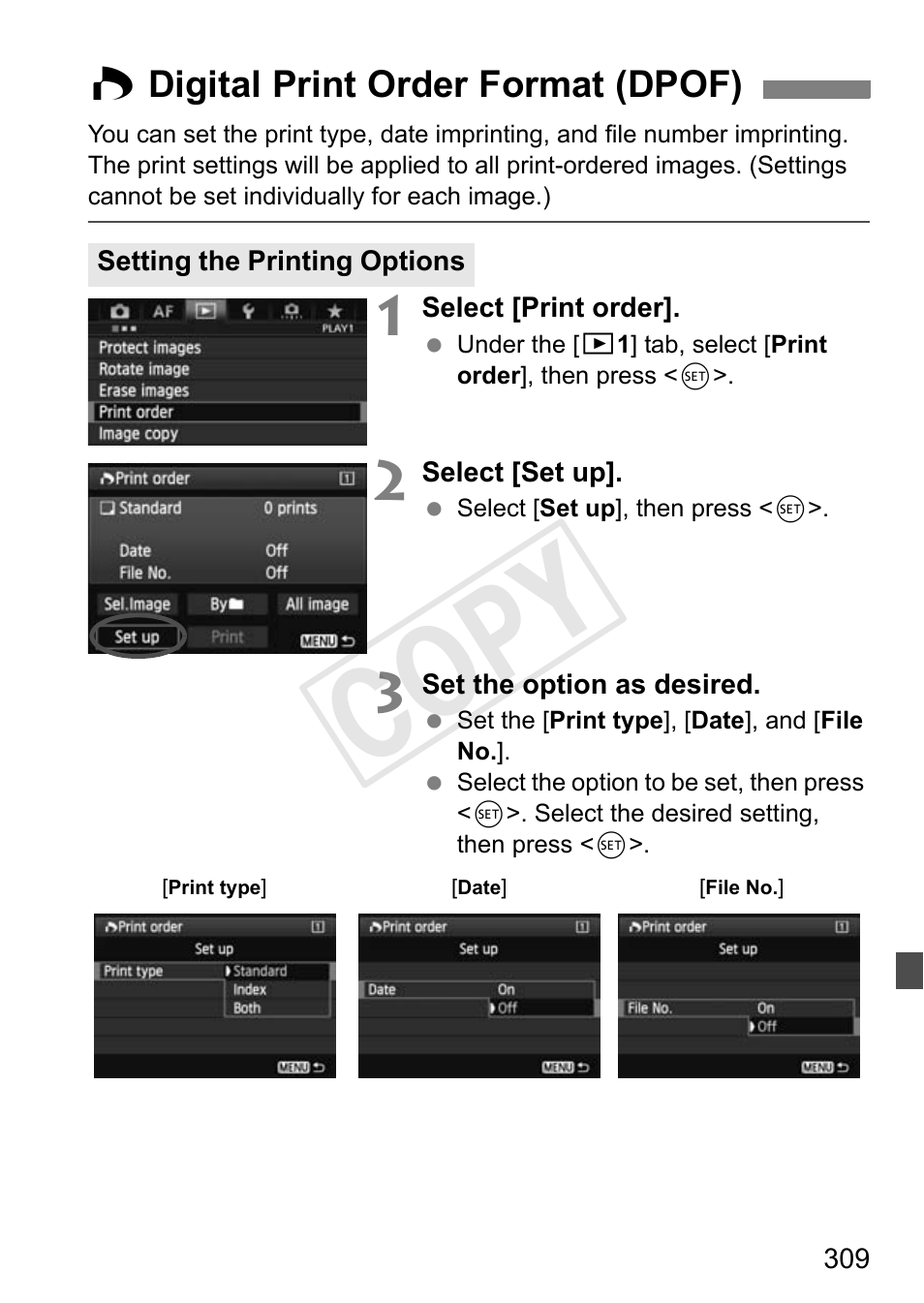 W digital print order format (dpof), P.309, Cop y | Canon 1D X User Manual | Page 309 / 420