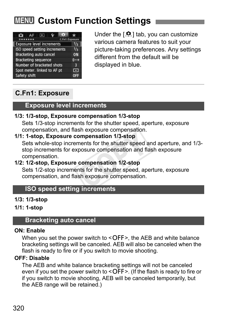 Custom function settings, C.fn1: exposure, Cop y | Canon 1D X User Manual | Page 320 / 420