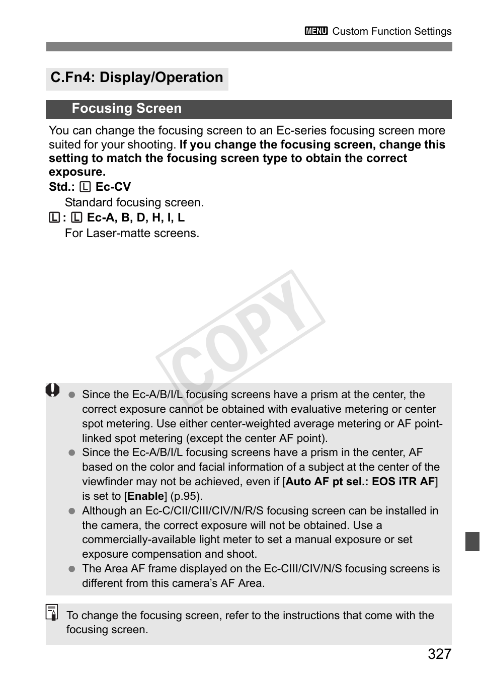 C.fn4: disp./operation, P.327, Cop y | Canon 1D X User Manual | Page 327 / 420