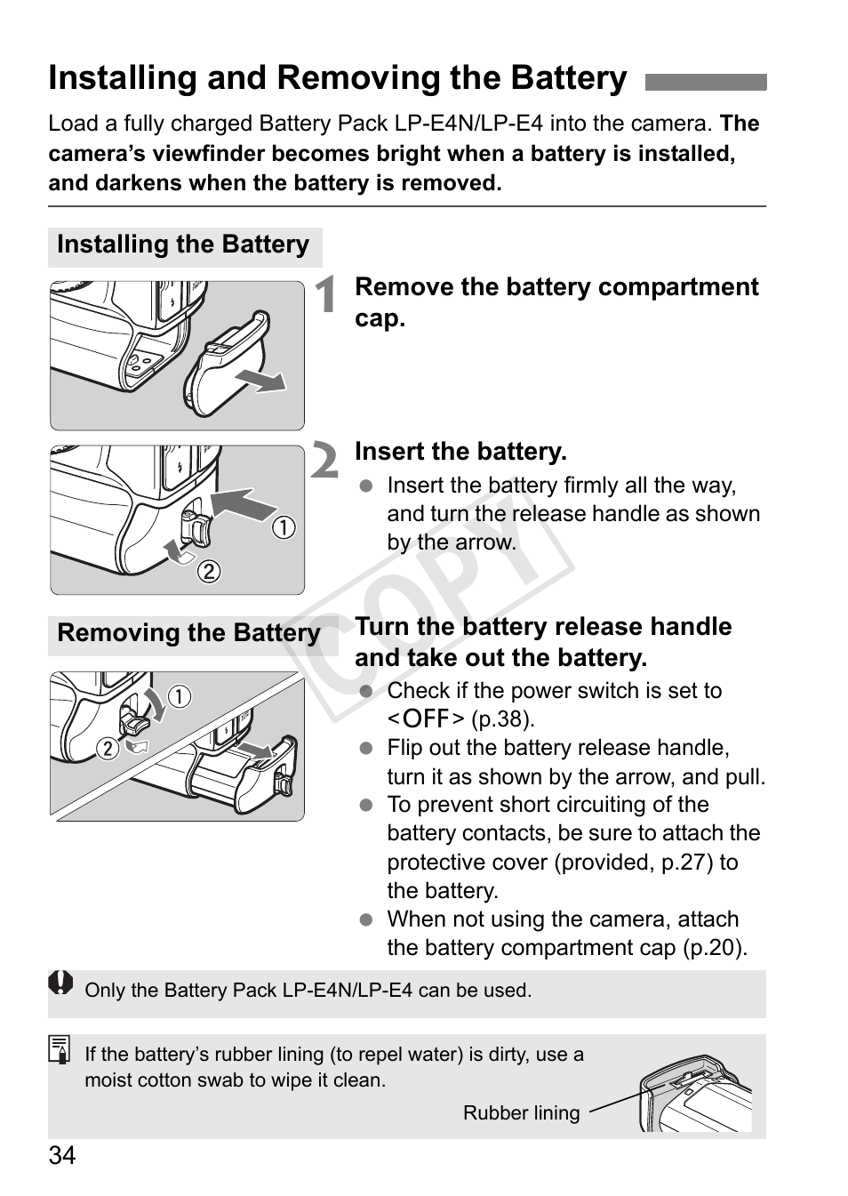 Installing and removing the battery, Cop y | Canon 1D X User Manual | Page 34 / 420