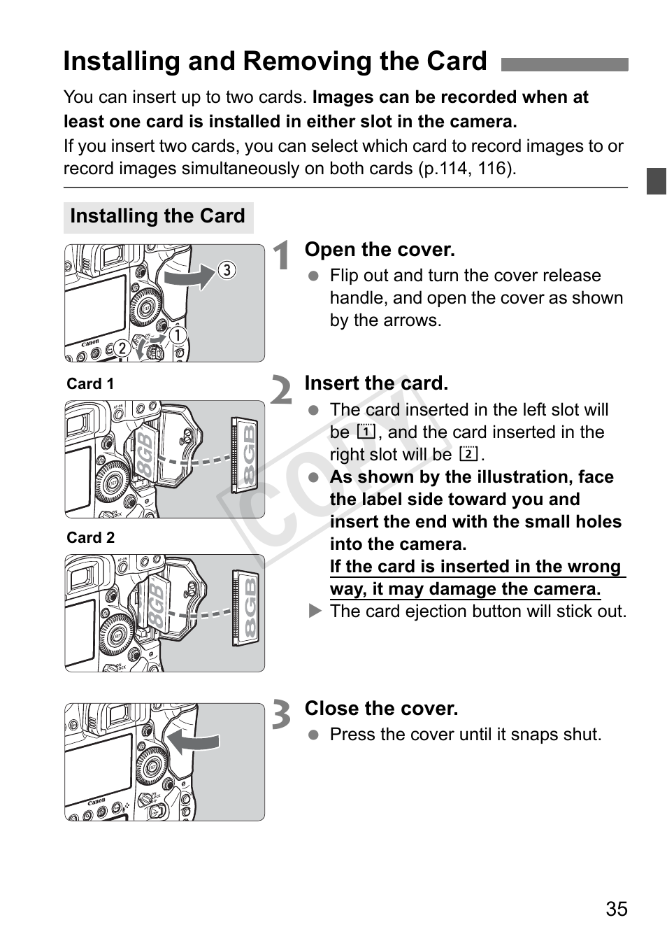 Installing and removing the card, Cop y | Canon 1D X User Manual | Page 35 / 420