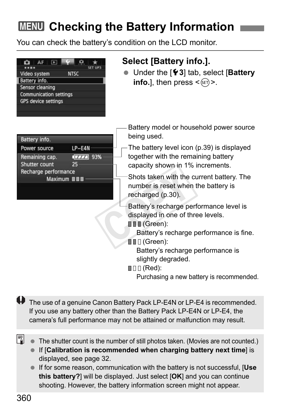 Checking the battery information, P.360, Cop y | 3checking the battery information | Canon 1D X User Manual | Page 360 / 420
