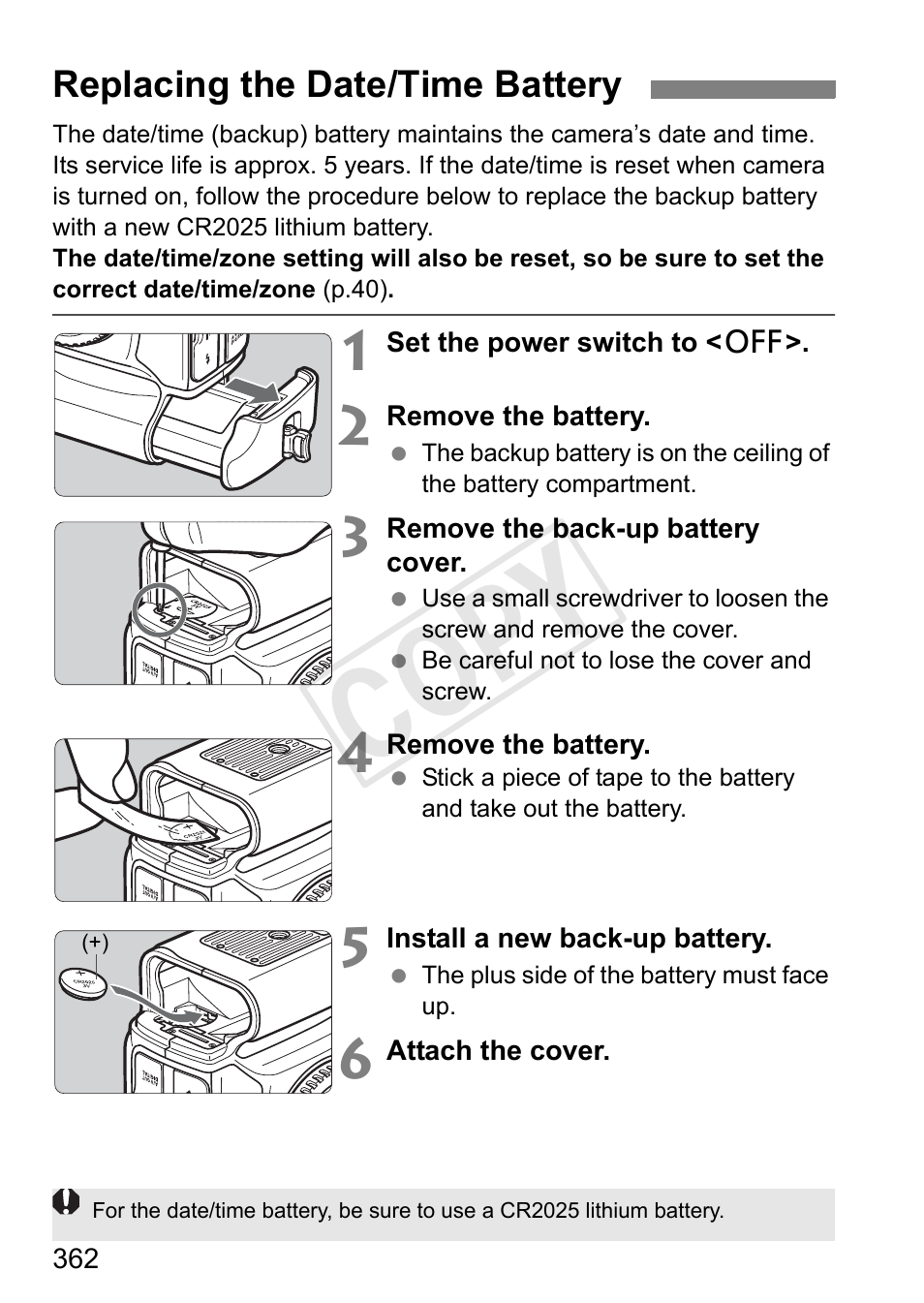 Replacing the date/time battery, Cop y | Canon 1D X User Manual | Page 362 / 420