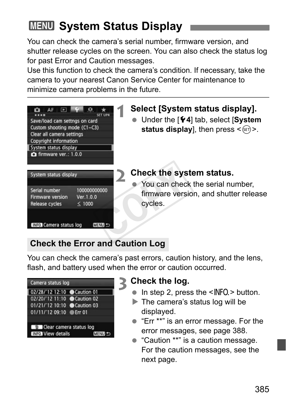 System status display, P.385, Cop y | Canon 1D X User Manual | Page 385 / 420