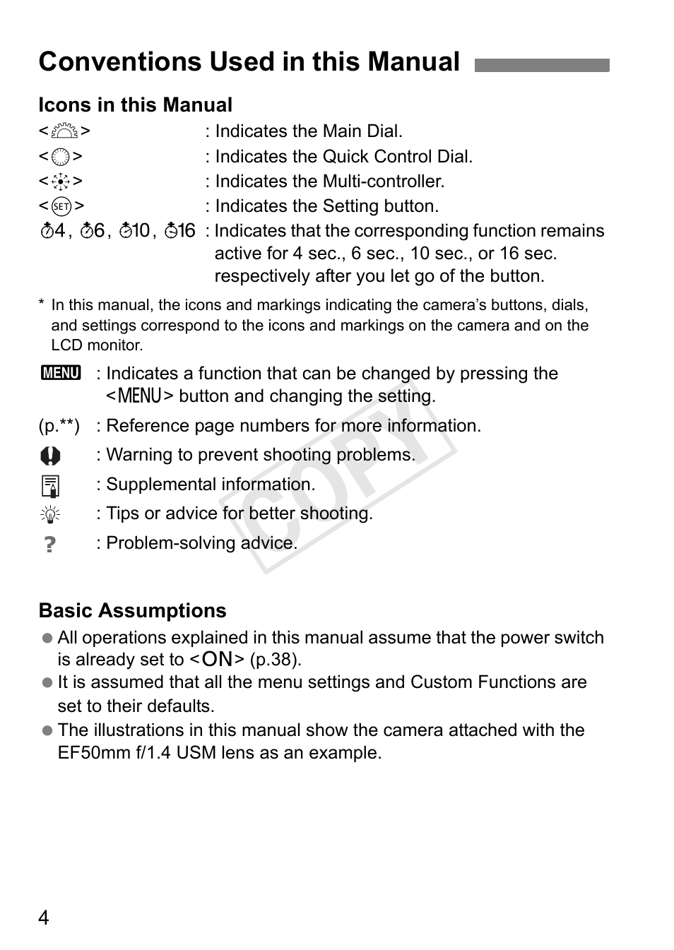 Cop y, Conventions used in this manual | Canon 1D X User Manual | Page 4 / 420