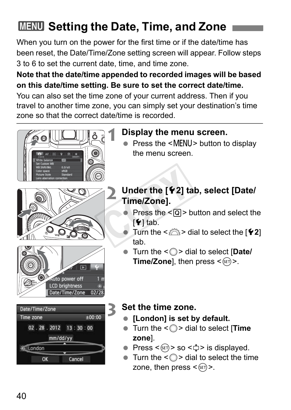 Setting the date, time, and zone, P.40, Cop y | Canon 1D X User Manual | Page 40 / 420