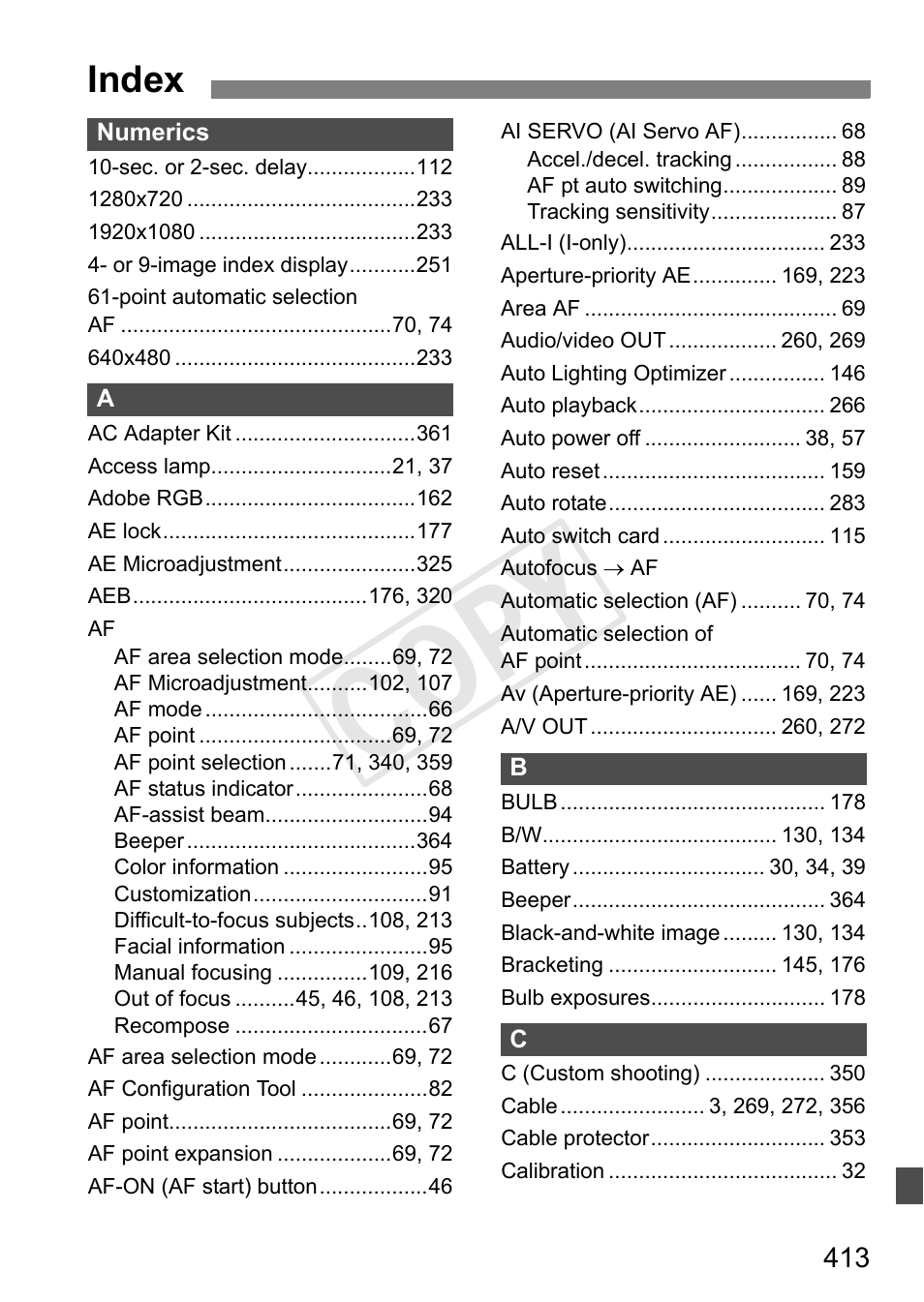 Index, C op y | Canon 1D X User Manual | Page 413 / 420
