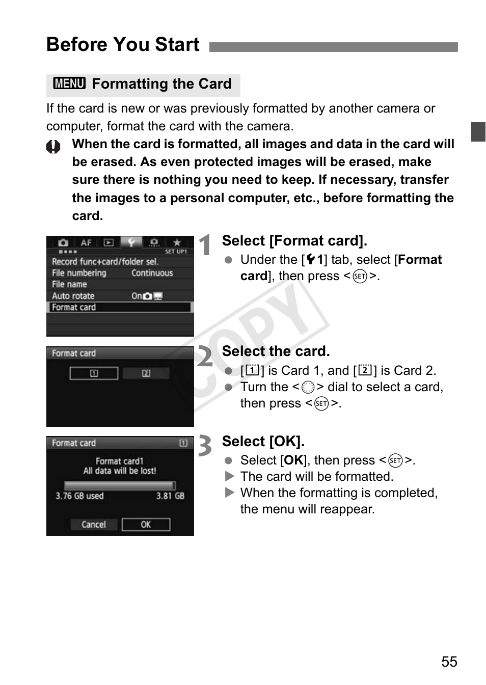 Before you start, Formatting the card, P.55 | Cop y | Canon 1D X User Manual | Page 55 / 420