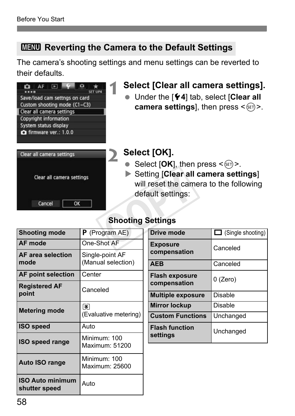 Reverting the camera to the default settings, P.58, Cop y | Canon 1D X User Manual | Page 58 / 420