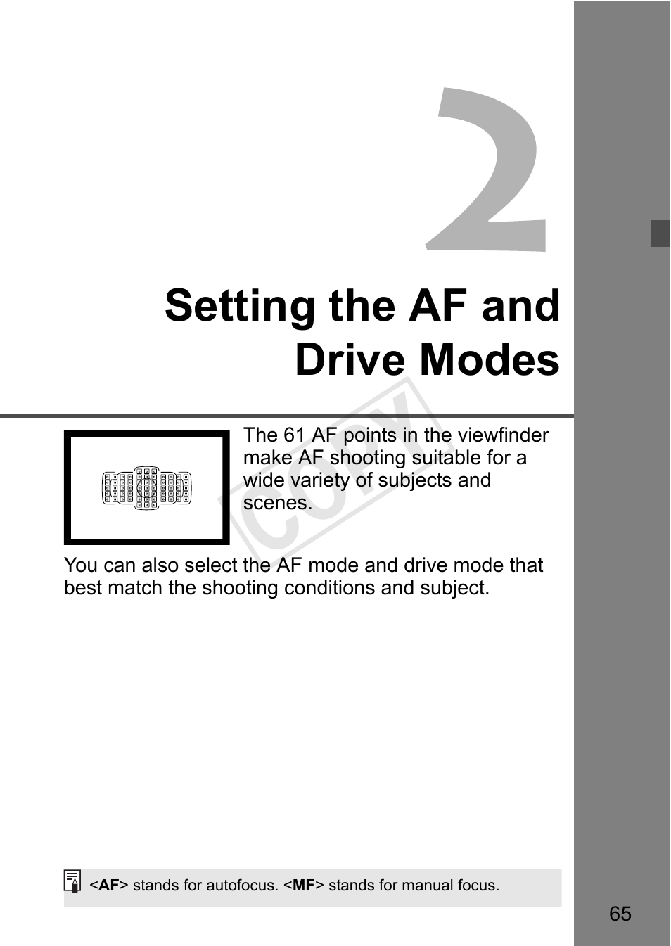 Setting the af and drive modes, Cop y | Canon 1D X User Manual | Page 65 / 420