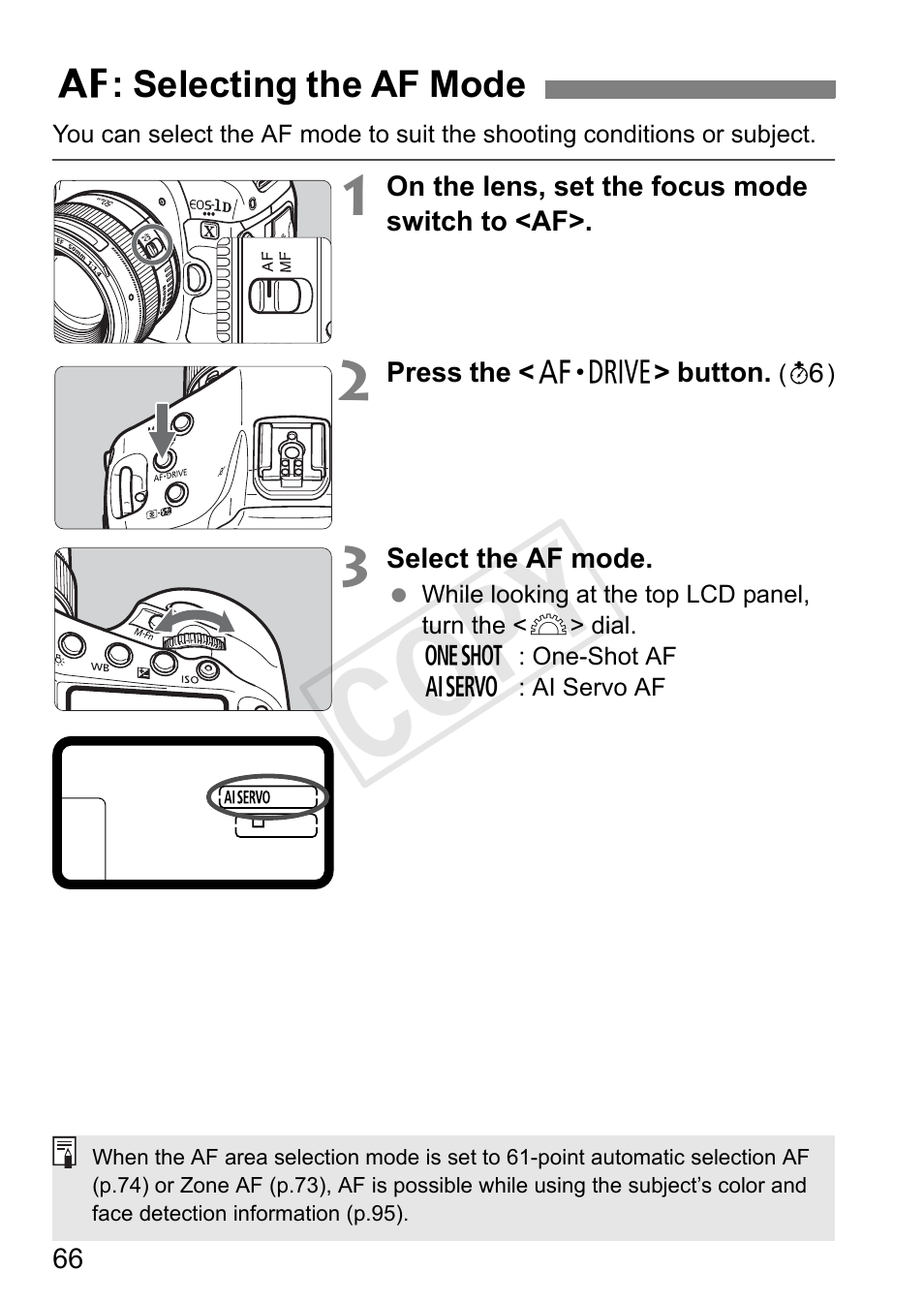 Selecting the af mode, P.66, Cop y | Canon 1D X User Manual | Page 66 / 420