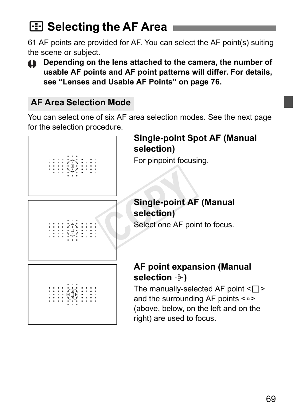 Selecting the af area, P.69, Cop y | Canon 1D X User Manual | Page 69 / 420