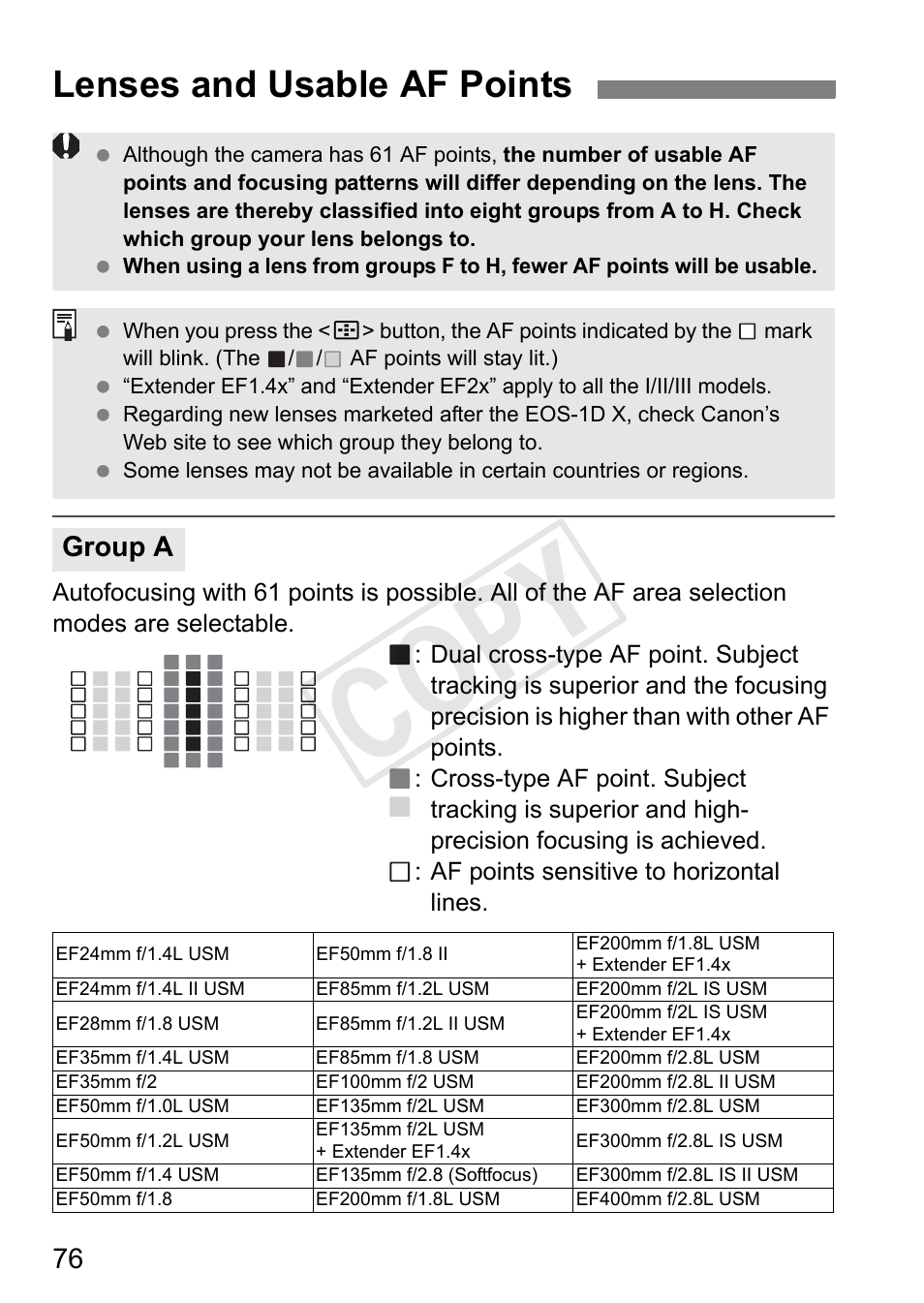 Lenses and usable af points, Cop y, Group a | Canon 1D X User Manual | Page 76 / 420