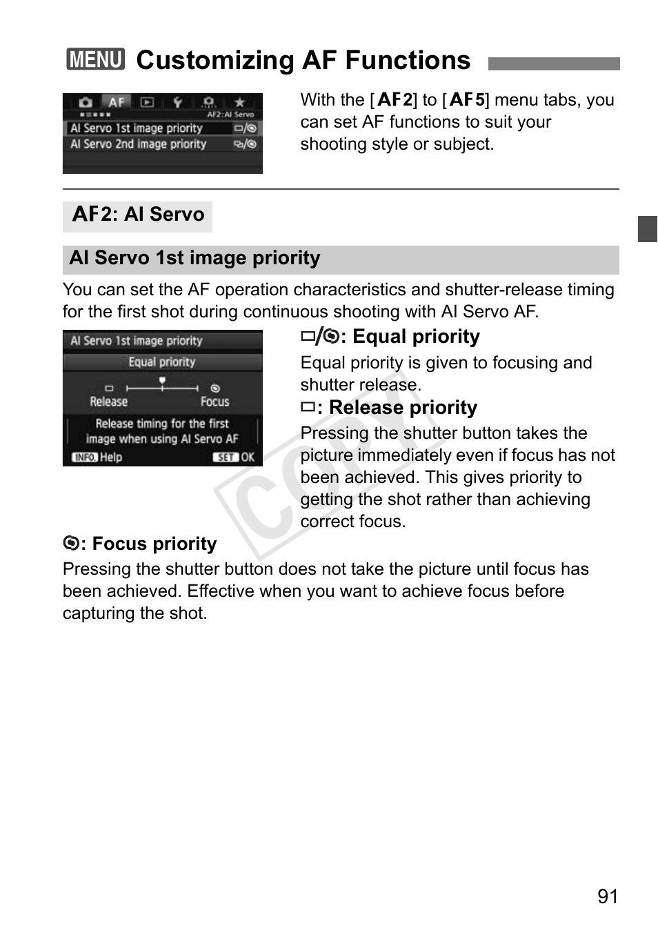 Customizing af functions, P.91, Cop y | Canon 1D X User Manual | Page 91 / 420