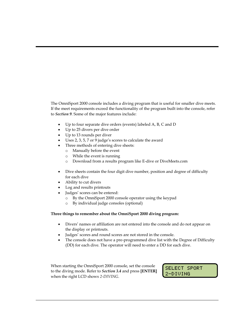 Section 7: diving mode operation, menus & settings, 1 general features, 2 getting started | Section 7, Diving mode operation, menus & settings, General features, Getting started | Daktronics OmniSport 2000 Timing Console User Manual | Page 103 / 316
