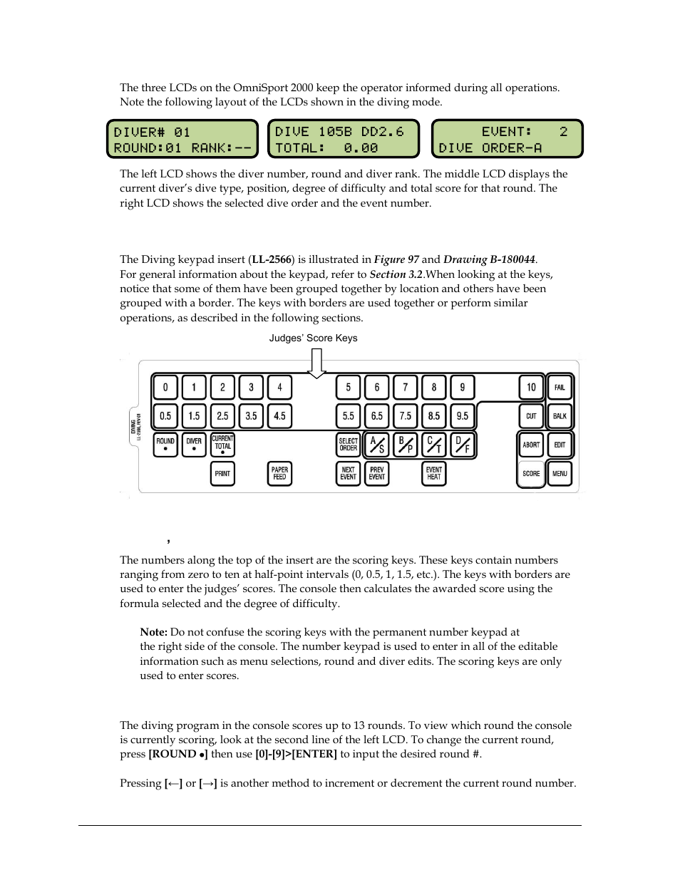 3 keypad insert descriptions, Judges’ score keys, Round key | Keypad insert descriptions | Daktronics OmniSport 2000 Timing Console User Manual | Page 104 / 316