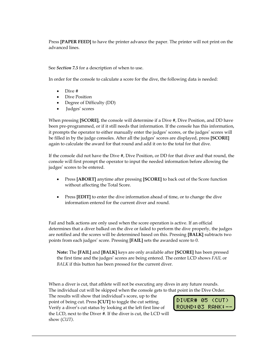 Paper feed, Score, abort, & edit, Fail & balk | Cut 88 | Daktronics OmniSport 2000 Timing Console User Manual | Page 106 / 316