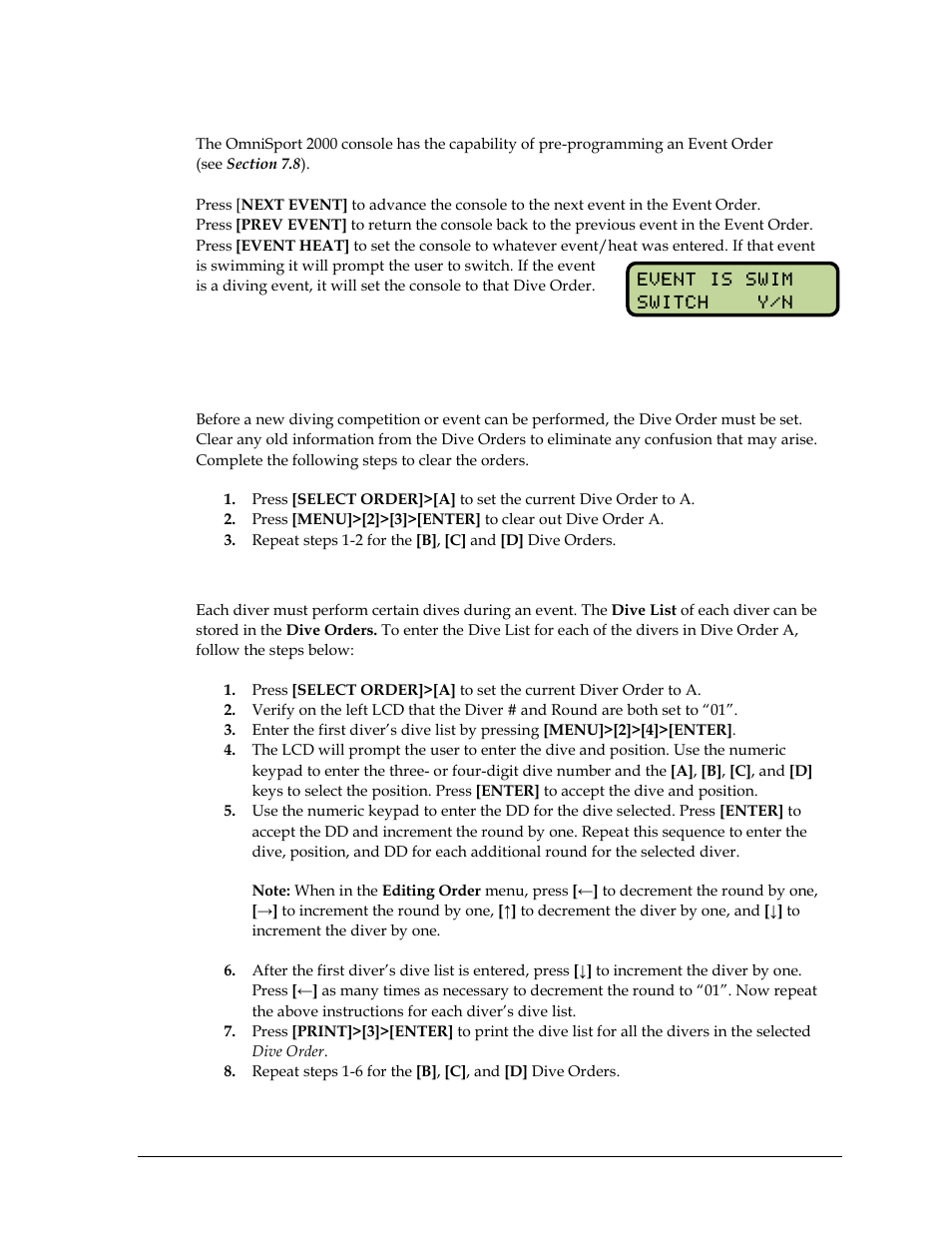 Next event, prev event, & event heat, 4 pre-event setup, Clearing the order | Entering dive lists (optional), Pre-event setup | Daktronics OmniSport 2000 Timing Console User Manual | Page 107 / 316