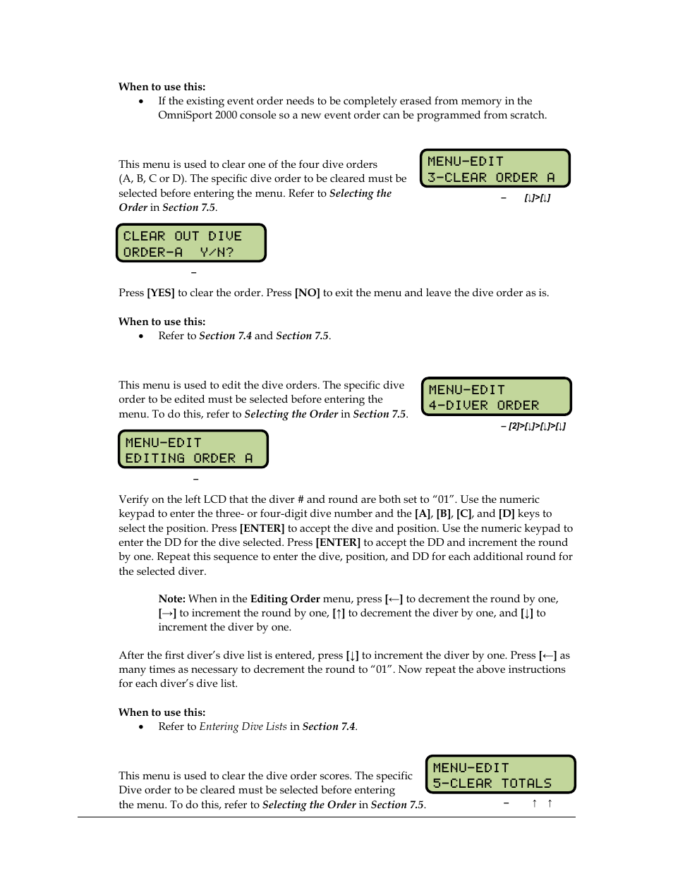 Clear order a (a-d), Diver order, Clear totals | Daktronics OmniSport 2000 Timing Console User Manual | Page 114 / 316