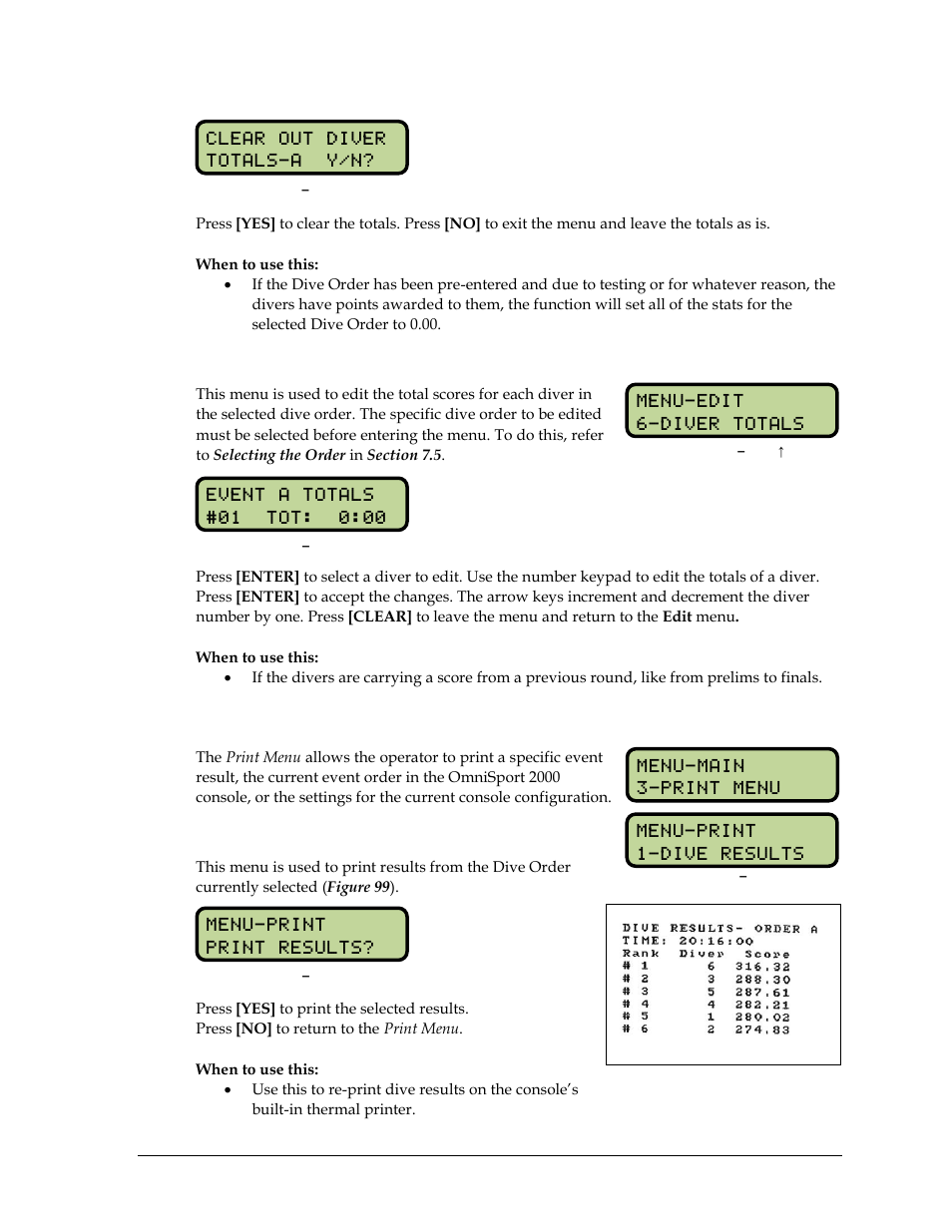 Diver totals, 9 print menu, Print dive results | Print menu | Daktronics OmniSport 2000 Timing Console User Manual | Page 115 / 316