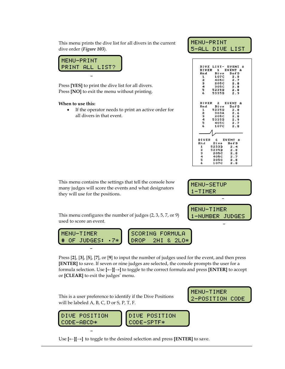 Print all dive list, 10 setup timer menu, Number of judges | Position code, Setup timer menu | Daktronics OmniSport 2000 Timing Console User Manual | Page 117 / 316