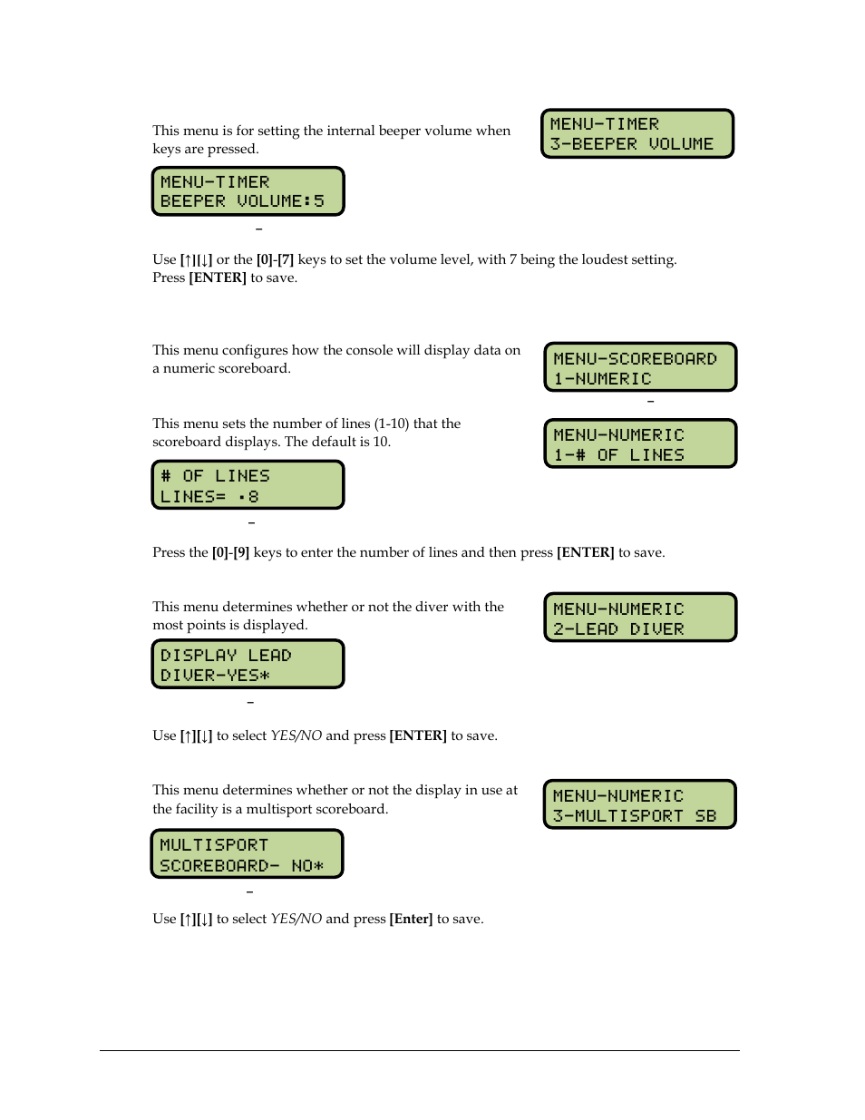 Beeper volume, 11 setup numeric scoreboard menu, Number of lines | Lead diver, Multisport sb, Setup numeric scoreboard menu | Daktronics OmniSport 2000 Timing Console User Manual | Page 118 / 316