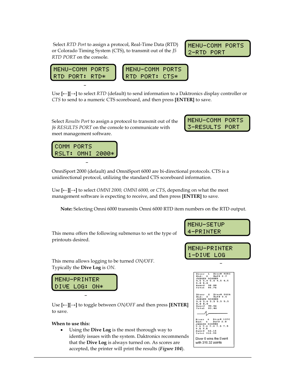 Rtd port, Results port, 14 setup printer menu | Dive log, Setup printer menu | Daktronics OmniSport 2000 Timing Console User Manual | Page 120 / 316