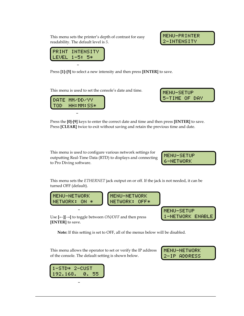 Intensity, 15 setup time-of-day menu, 16 setup network menu | Network enable, Ip address, Setup time-of-day menu, Setup network menu | Daktronics OmniSport 2000 Timing Console User Manual | Page 121 / 316