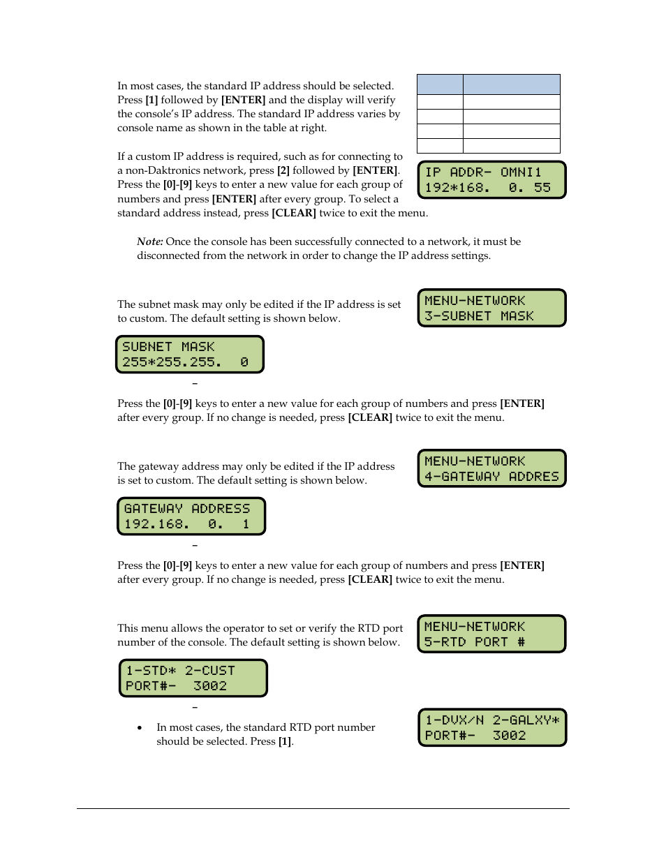 Subnet mask, Gateway address, Rtd port number | Daktronics OmniSport 2000 Timing Console User Manual | Page 122 / 316