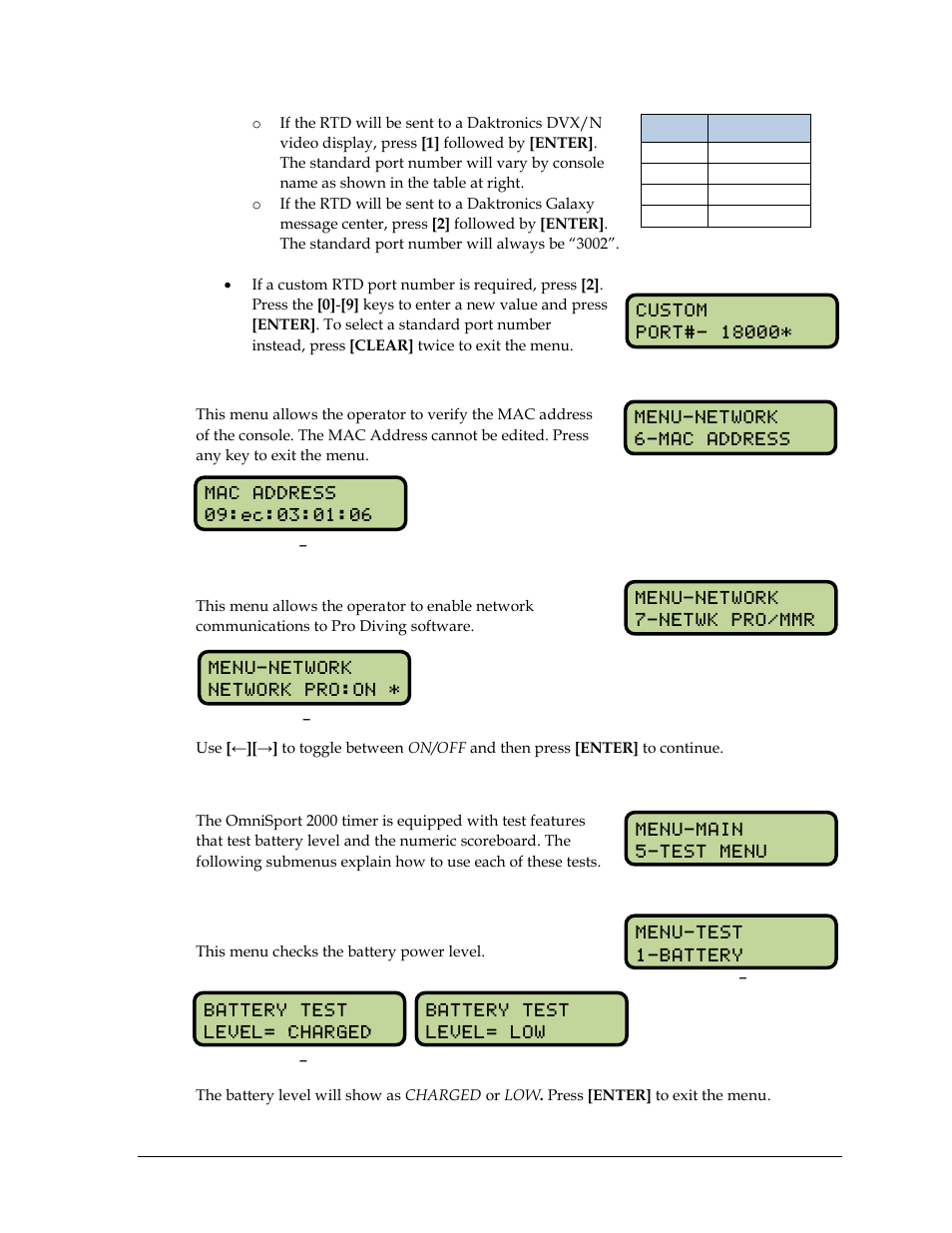 Mac address, Pro software enable, 17 test menu | Battery test, Test menu | Daktronics OmniSport 2000 Timing Console User Manual | Page 123 / 316